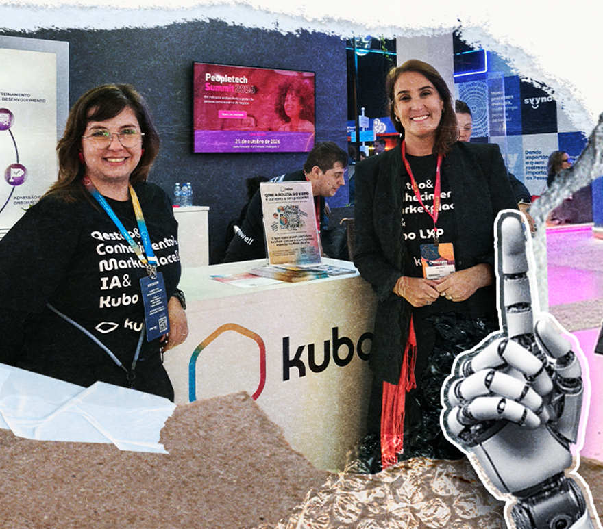 Duas participantes no estande do Kubo durante o CONCARH 2026, em frente ao balcão com a marca Kubo. A composição inclui uma ilustração de mão robótica, remetendo à inteligência artificial e tecnologia.