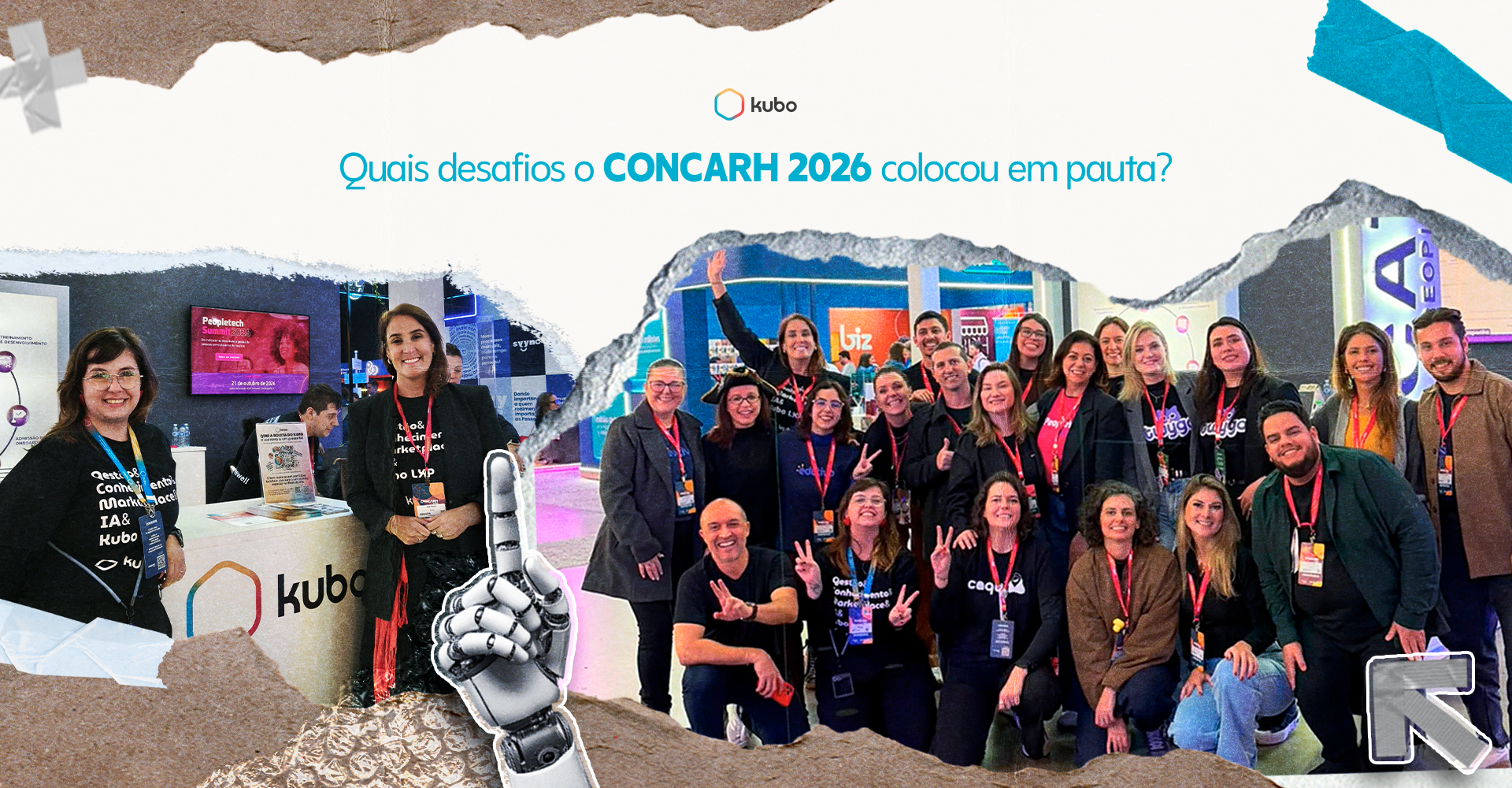 Equipe do Kubo reunida no CONCARH 2026, em montagem com fotos do estande, participantes do evento e elementos visuais de tecnologia e inteligência artificial. O destaque traz a pergunta “Quais desafios o CONCARH 2026 colocou em pauta?